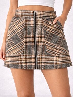 Altar'd State Plaid Zip-Front Mini Skirt in Gray & Brown